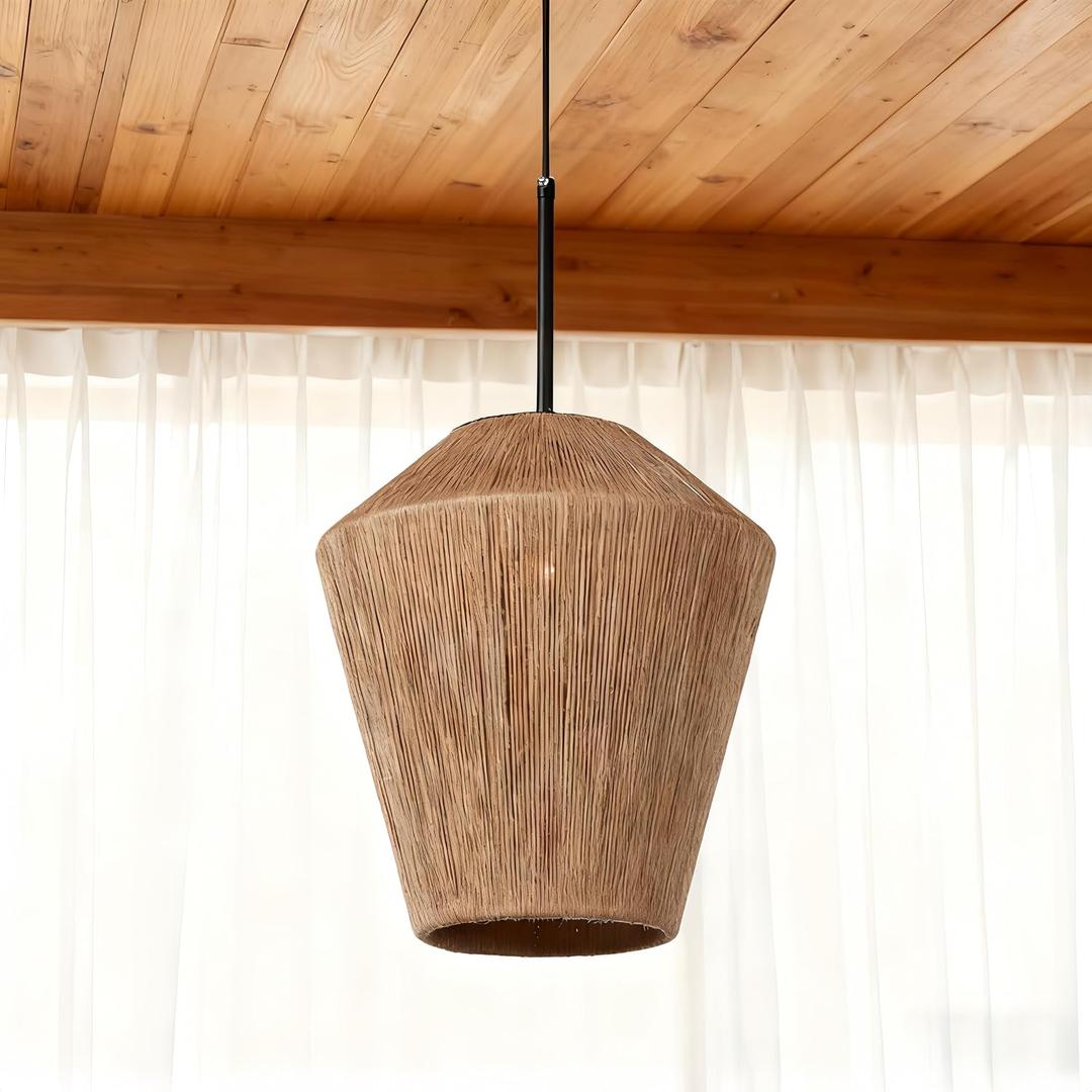 Boho Woven Pendant Lights, Rustic Natural Handwoven Hemp Pendant Light, Farmhouse Ceiling Light for Dining Room, Bar, Living Room