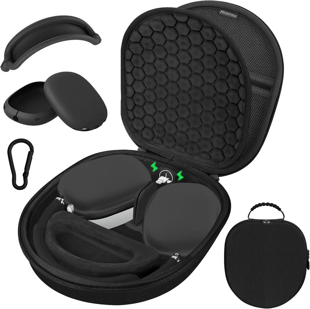 Micscrew AirPod Max Case with Sleep and Charging Support, AirPods Max Accessory Compatible with Apple AirPods Max Wireless Over-Ear Headphones, Travel Portable Airpod Max Case(Black) (Black Combo-1)