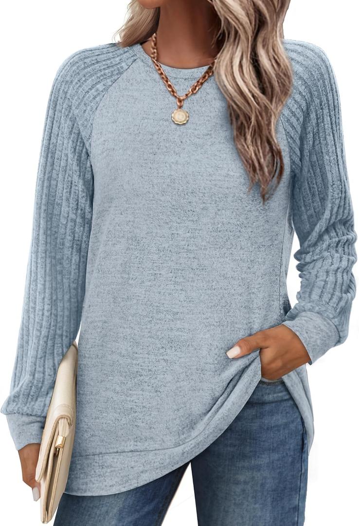 Saloogoe Tunic Sweatshirts for Women Crewneck Lightweight Sweaters Raglan Long Sleeve Shirts Fall Fashion Tops 2025 (Large, Blue)