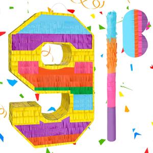 Rainbow Number 9 Pinata with a Blindfold and Bat for Boys Girls 9th Birthday Party, Kids Anniversary Celebration, Fiesta Supplies (16.1 x 10.6 x 3.2 Inches)