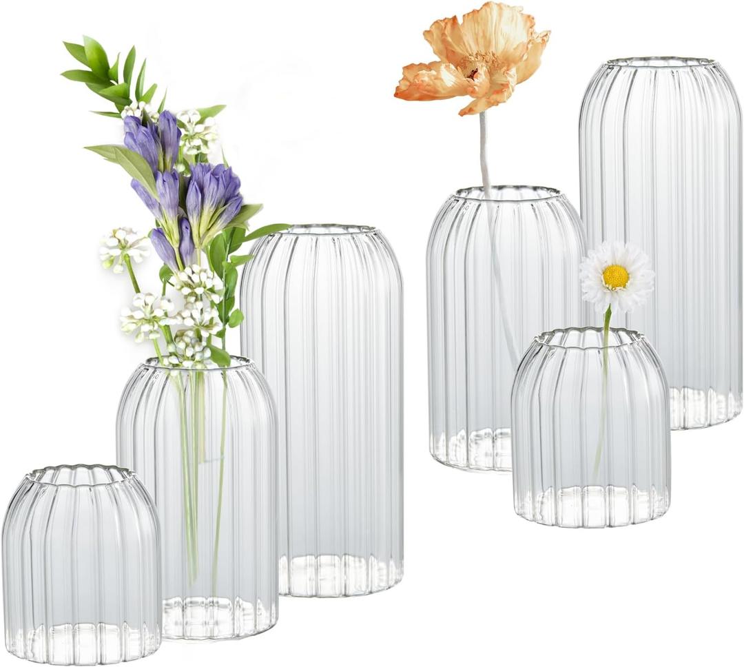Bud Vases in Bulk Set of 6, Glass Small Vases for Flowers, Modern Cylinder Ribbed Vases for Wedding Centerpiece, Living Room Decorative, Home Decor