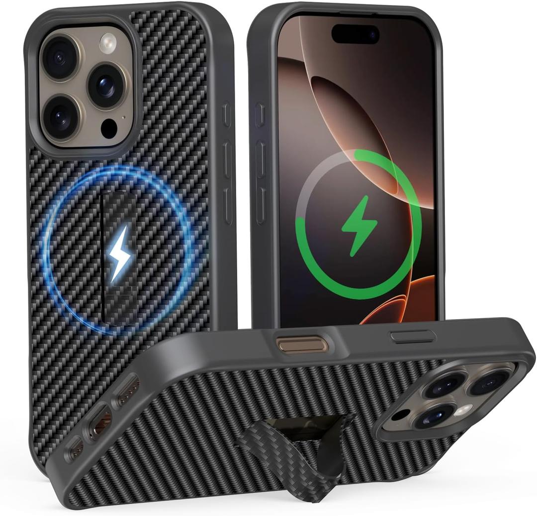 AUROX for iPhone 16 Pro Case With Invisible Stand [MagSafe Compatible] Military-Grade Protection, Shockproof Magnetic Case for Men, Carbon Fiber Textured Surface - Black