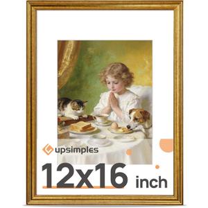 upsimples Vintage 12x16 Frame, Antique Gold Frame Displays 8.5 by 11 with Mat or 12 x 16 Without for Vertical or Horizontal Wall Decor, 1pack