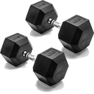 CAP 60lb Rubber Coated Hex Dumbbell, Chrome Grip, Free Weights, Pair