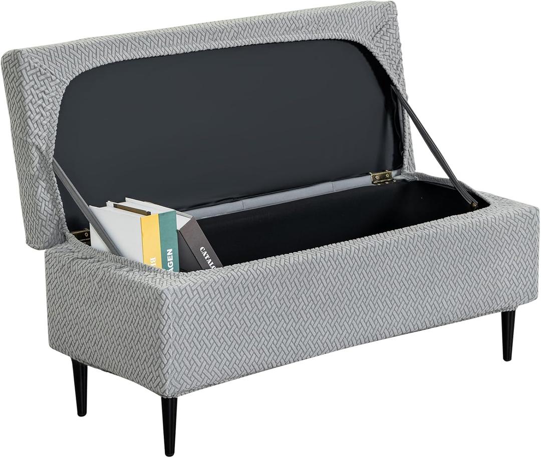 Ottoman Covers, Stretch Folding Storage Stool Slipcover Furniture Protector, Rectangle Bench Footstool Cover with Elastic Bottom, Soft Jacquard Fabric Removable Washable, Medium (04)