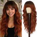 Long Ginger Wigs with Bangs 26Inch Wavy Curly Hair for Women Tangle Free Soft Natural Looking Premium Heat Resistant Protein Fiber Daily Party Use