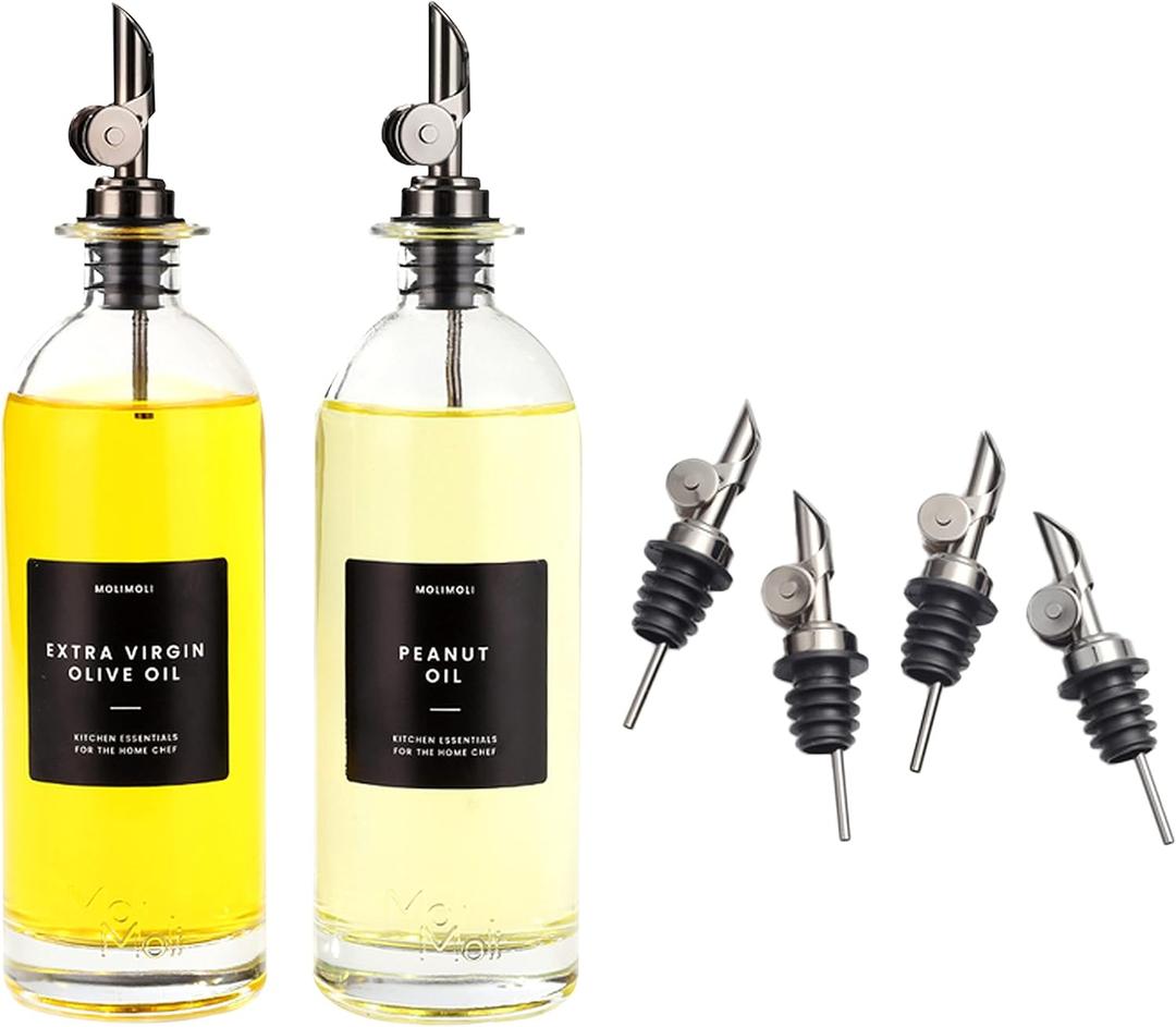 Molimoli Oil and Vinegar Dispenser with Metal Pour Spout, Weighted Pourer, Glass Bottle Dispenser for Kitchen | Weighted Stainless Steel Pourers, Pack of 4 (Pourers), 500ml Oil Bottles Black