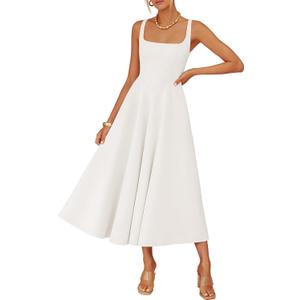 ZESICA Women's Summer Sleeveless Midi Dress 2026 Square Neck Wedding Guest Beach Casual Flowy Long Dresses with Pockets (White, L)