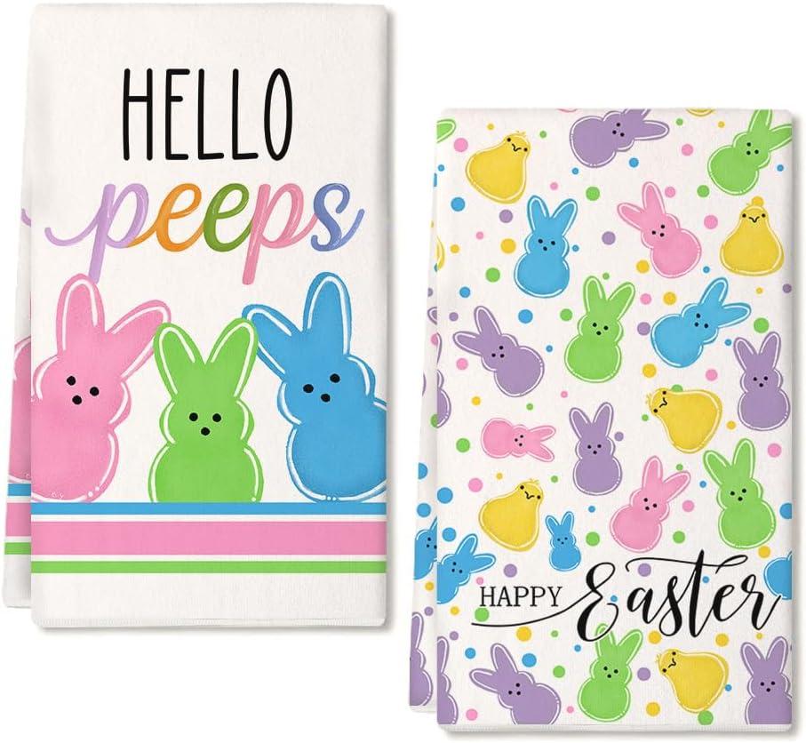 Colorful Bunny Happy Easter Kitchen Towels Set of 2,Hello Peeps Rabbits Dish Hand Towels Farmhouse Indoor Outdoor Holiday Seasonal Decorations DD079 (Yellow)