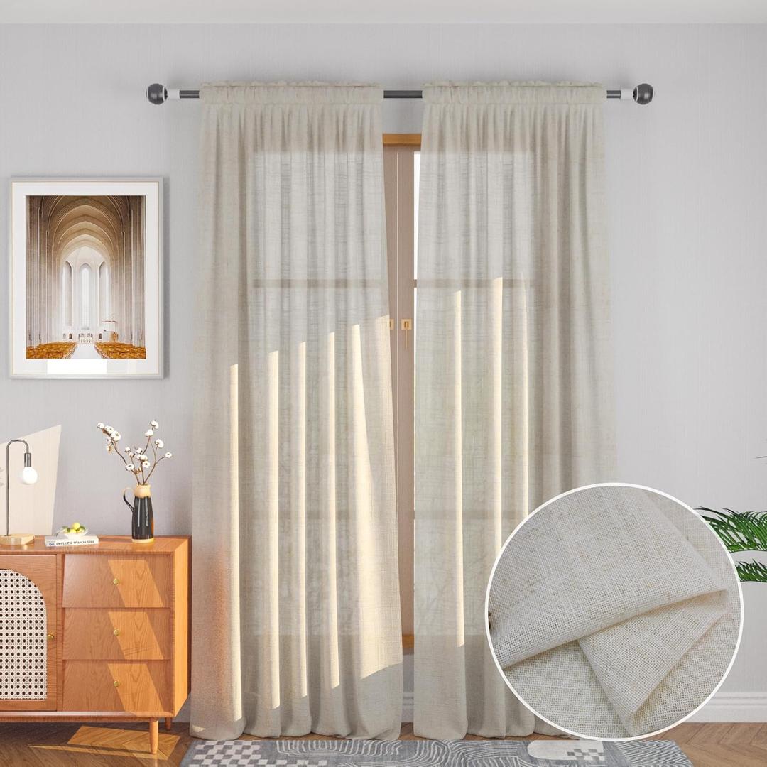 UPOPO Beige Sheer Curtains Crude Natural Linen Texured Curtain Sheers 92 inches Drapes Farmhouse Vintage Rustic Living Room Divider Window Bedroom Kitchen Doorway 2 Panels Rod Pocket (52"W x 92"L (Pack of 2), Nature)
