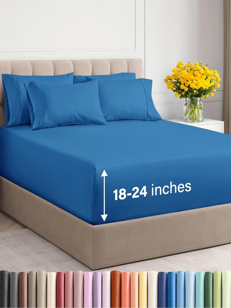 Extra Deep Cal King Sheet Set - 6 Piece Breathable & Cooling Sheets - Hotel Luxury Bedding Set w/18-24 Inch Extra Deep Pockets - Easy Fit - Super Soft, Wrinkle Free & Comfy - Royal Blue, Cal King Size