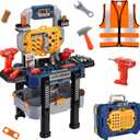 Jovow Kids Tool Bench with Realistic Tools and Electric Drill, Suitable for 3-5 Year Olds to Build Their Own Toy Workbench, 79 Pcs Realistic Toy Tools with Clothes, 32 x 26.6 x 14.4 In-Blue