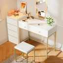 SUPERJARE 35.4" White and Gold Desk with 2 Drawers, Modern Makeup Vanity with Padded Stool, Small Computer Desk Home Office Desk for Writing Study Bedroom