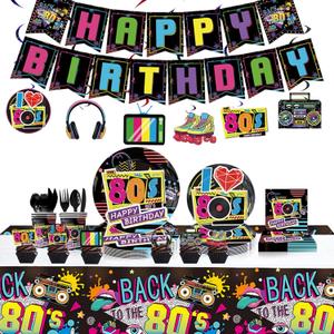80s Birthday Decorations Party Supplies, 80's Themed Party Tableware 172pcs Serves 20 - Plates, Napkins, Cups, Cutlery, Tablecloth, Banner, Hanging Swirls, Cupcake Toppers for 80s Hip Pop Party