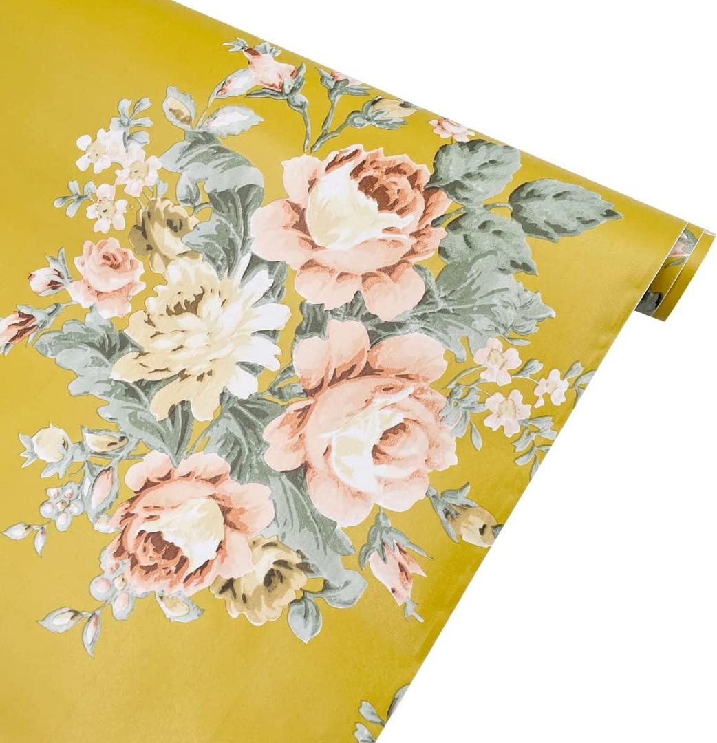 Vintage Peony Floral Shelving Paper Dark Yellow Peel & Stick Shelf Liner Dresser Drawer Sticker 17.7 Inch by 9.8 Feet