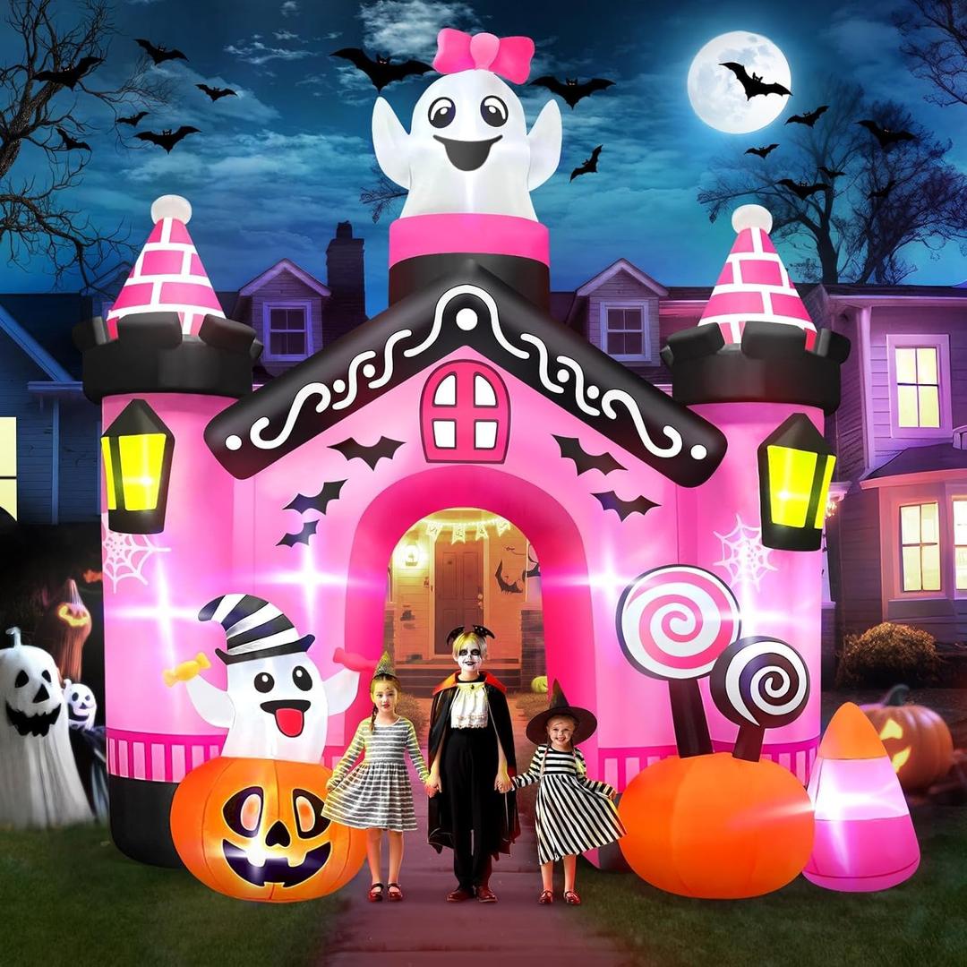 Kalolary 11 FT Halloween Inflatables Ghost Archway Outdoor Decorations, Pink Castle Arch Blow Up Yard Decorations Scary Inflatable with Build-in Lights for Yard Garden Lawn Indoor Outdoor Decor