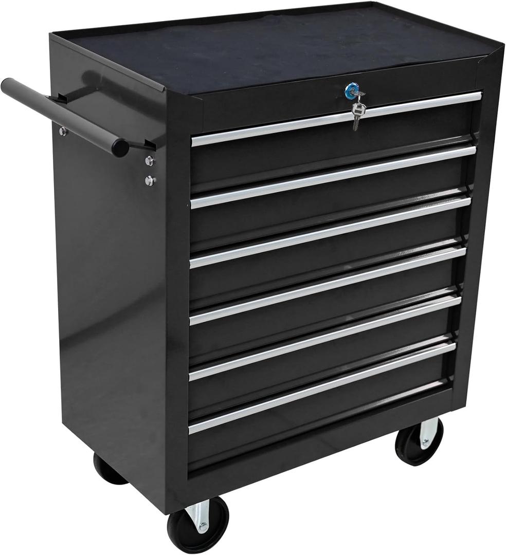 Rolling Tool Chest Metal Tool Box with Wheels Tool Cabinet Portable Tool Box with Wheels 6 Drawers Multifunctional Tool Cart with Wheels Craftsman Tool Chest, Black, Cody-TC-00031-LWJ (24.25"x12.99"x29.33")