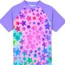 Girls Swimsuit Colorful Short Sleeve Bathing Suits UPF 50+ Rash Guard Set Two Piece Summer Swimwear (Purple)