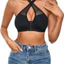 MakeMeChic Women's Halter Bra Front Closure Bralette Mesh Wireless Underwear (Large, Black)