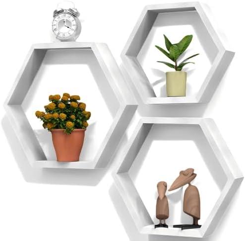 Hexagon Floating Shelves Set of 3, White Wooden Hexagon Shelves for Wall Decor, Modern Honeycomb Floating Hanging Shelf, Decorative Wall Organizer for Living Room, Bedroom, Bathroom