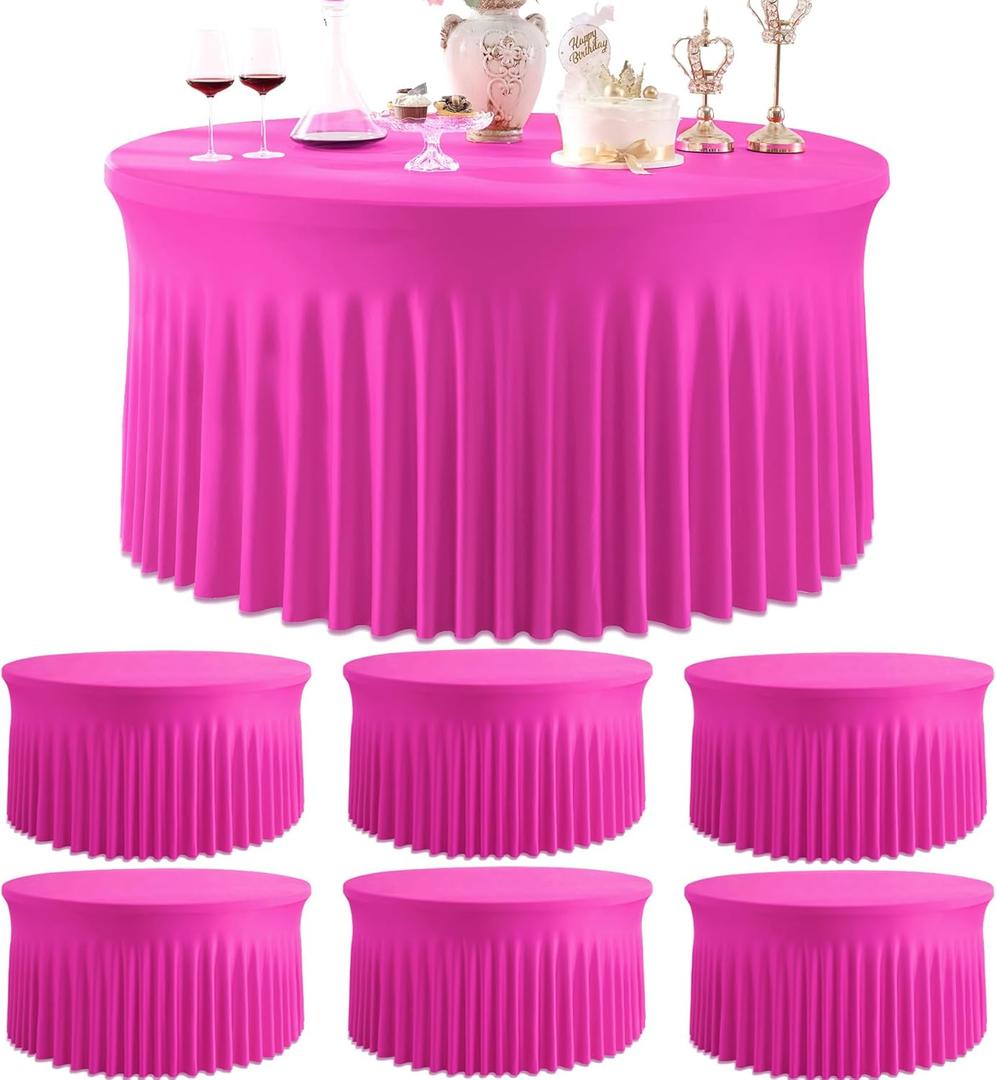 6 Pack Hot Pink Spandex Round Tablecloths for 60 inch Table, Stretchy 120inch Fitted 5FT Fuchsia Round Table Cloths, Wrinkle Free Table Cover with Skirt for Wedding Party Dining Banquet
