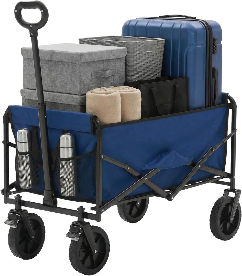 OLIXIS Wagon Cart Collapsible, 330lbs Capacity, Blue | 102L Lightweight, Foldable Utility, Detachable Brake Wheels, Flexible Handle for Beach Grocery Camping Shopping Sports Yard