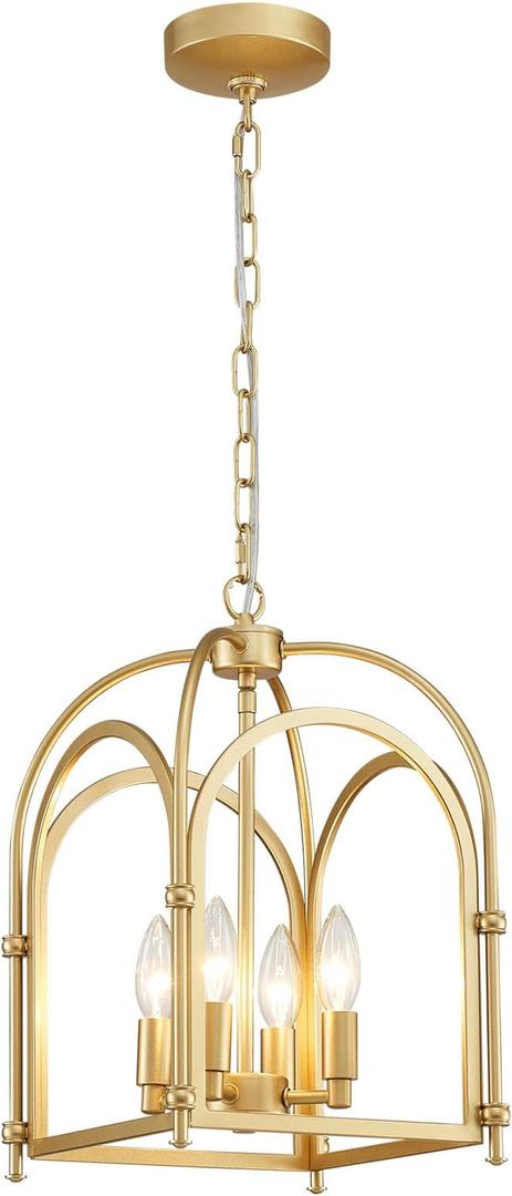 4-Light Gold Chandelier, Modern Farmhouse Lantern Chandelier with Rustic Cage Hanging Pendant Light Fixture for Kitchen Island Bedroom Living Room Entryway Foyer, Dining Room Light Fixtures Over Table
