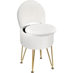 GREENSTELL Vanity Stool Chair with Storage and Folding Back, 15.7" x 15.7" x 19.5" Faux Fur Soft Ottoman for Adults, 4 Metal Legs with Anti-Slip Feet, Furry Padded Seat for Makeup, Bedroom, White