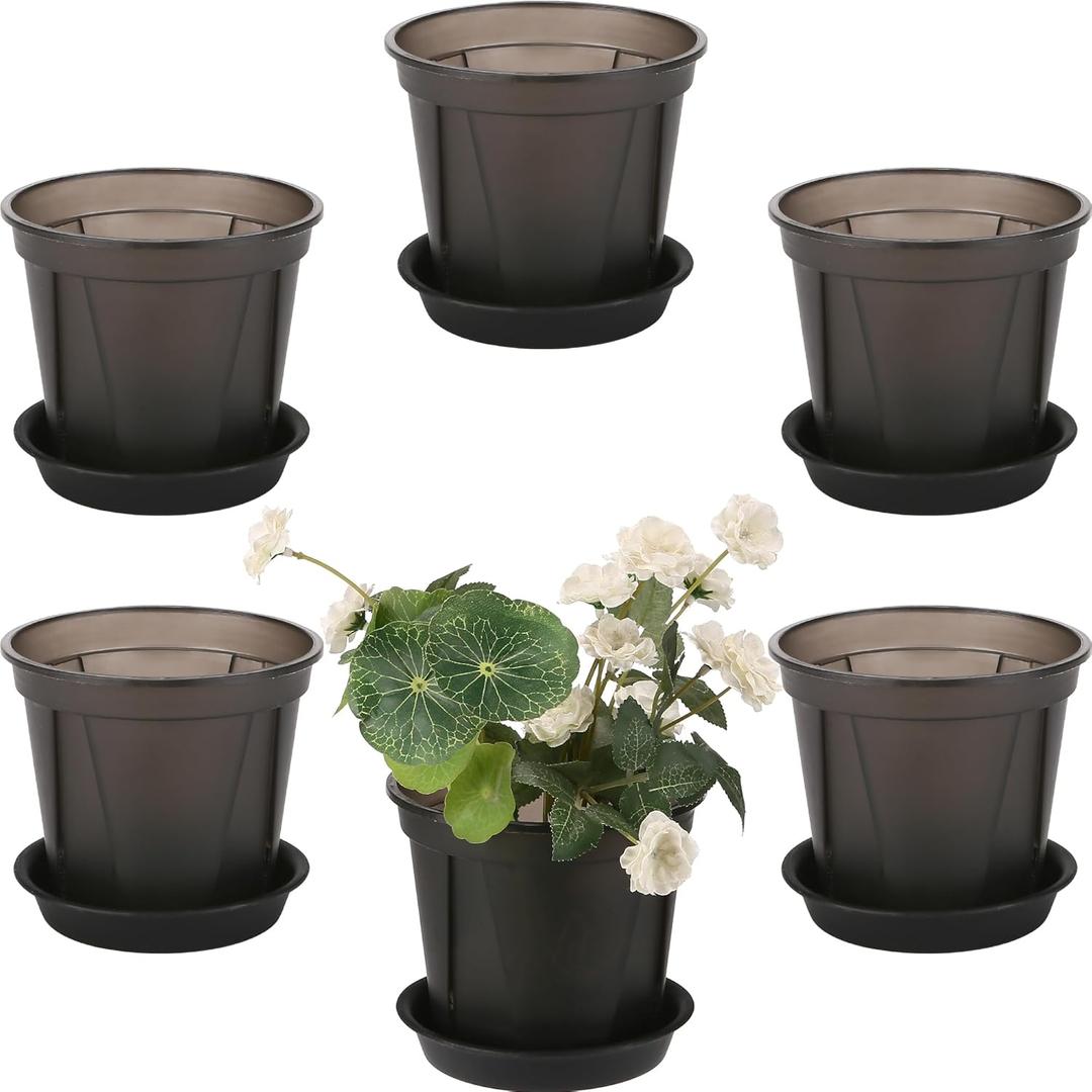 Hinwo 6-Pack Plastic Plant Pots with Drainage Holes and Saucers, 4.7 Inches Small Planters for Succulent, Orchid, General Plants, Flowerpots for Indoor, Outdoor Use, Carbon