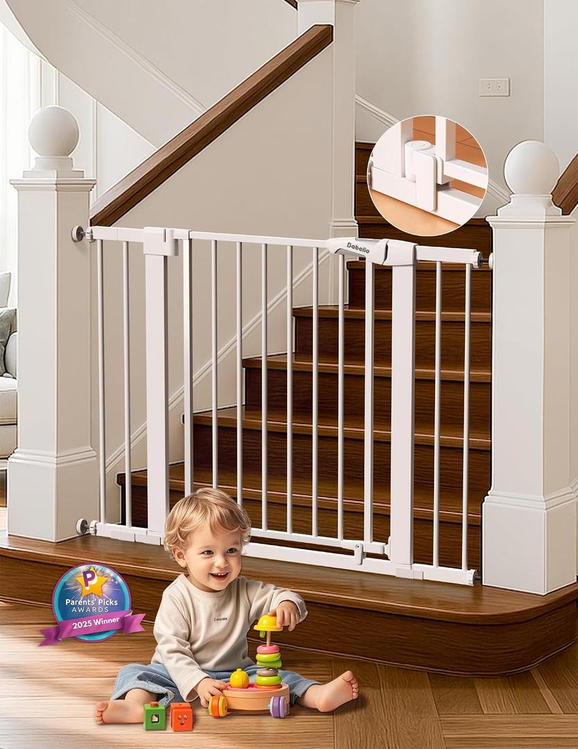 Babelio 29-43" Magnetic Baby Gate for Stairs,Doorways House,Kitchen,30" Tall Pet Door with Baffles,Pressure Mounted & Dual-Lock Design Safety for Kids Toddler,Auto-Close/Hold-Open,White