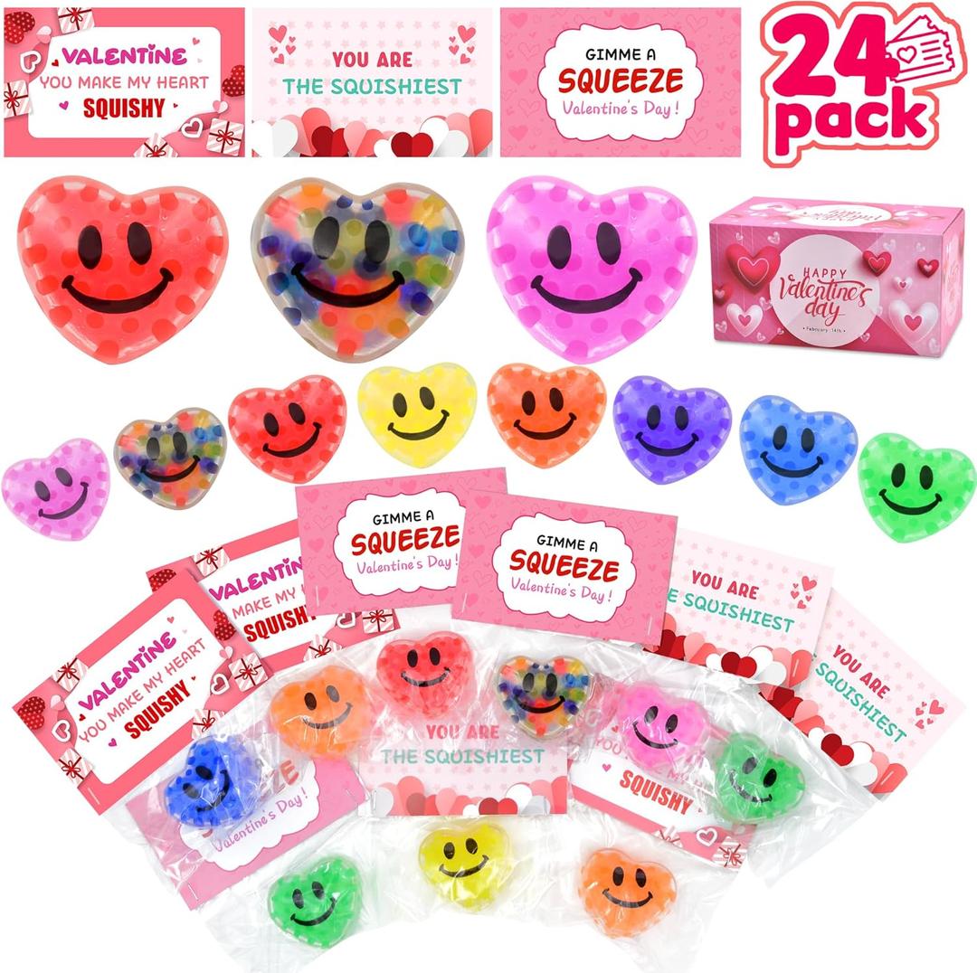 Valentines Day Gifts for Kids, 24 Pack Valentines Day Cards for Kids Classroom, Kawaii Mochi Squishy Toys Bulk with Valentines Cards for Kids Boys Girls School Classroom Exchange Party Favors