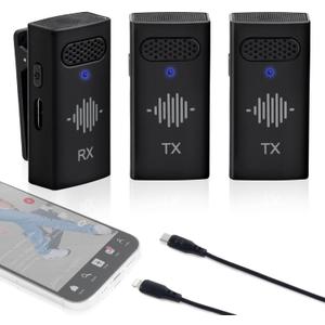Wireless Microphone for iPhone - iPhone Microphone for Video Recording with Clip on Microphone for iPhone Built-in Mic on Dual TX and RX, Wireless Mic for iPhone for Vlog TikTok YouTube, Black