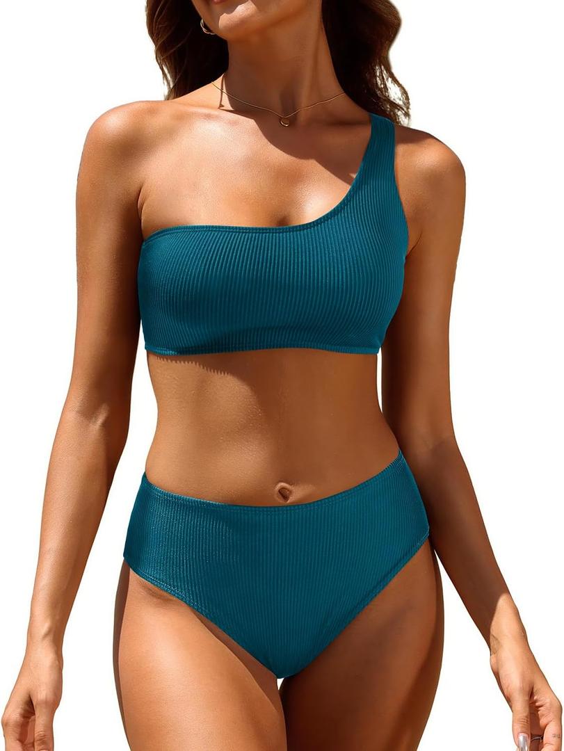 Tempt Me Women Two Piece Swimsuits Ribbed One Shoulder Bikini Sets Mid Waist Bathing Suit, Medium, Teal