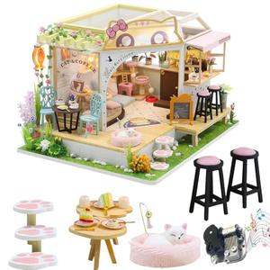 Cat Cafe Wooden Miniature Dollhouse Kit DIY Pet Cat Coffee Shop Building Model Accessories with Furniture LED Light Music Box Birthday (Without Dust Cover)