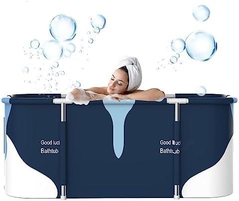 55" Extra Large Portable Foldable Bathtub Soaking Bathing Tub with Metal Frame for Adult Bathroom Folding SPA Tub for Shower Stall, Separate Family Bathroom SPA Tub for Hot Ice Bath