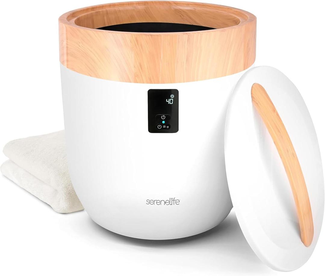SereneLife Counter Towel Warmer Bucket - with Customized Fragrance for Spa and Bathroom, Luxury Heater, Auto Shut Off, Fits 1 Large Blanket, Bathrobe, PJs (Natural)