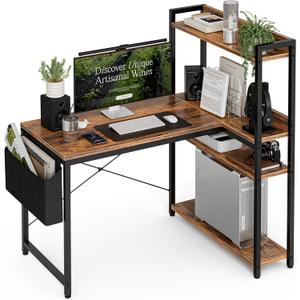 40 Inch L Shaped Computer Desk with Reversible Storage Shelves, Home Office Corner Desk Study Writing Table with Hutch, Study, Rustic Brown