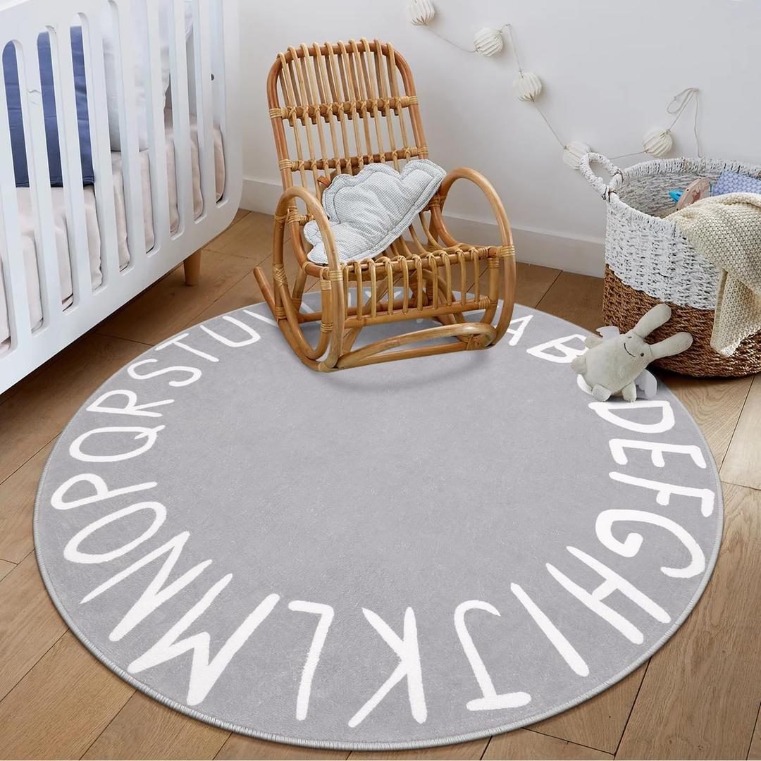 LIVEBOX ABC Play Room Round Kids Rug for Boy and Girl, Circle Washable Area Rug Non-Slip Crawling Play Mat for Playroom, Alphabet Nursery Area Rug Circular Learning Carpet for Bedroom (47",Grey)