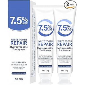 2pcs 7.5% Hydroxyapatite Toothpastesn for Enamel Protection and Tooth Strengthenig, 7.5% Nano Hydroxyapatite Toothpaste White Tooth Repair, Fluoride-Free, Gentle Mint, Fresh Breath