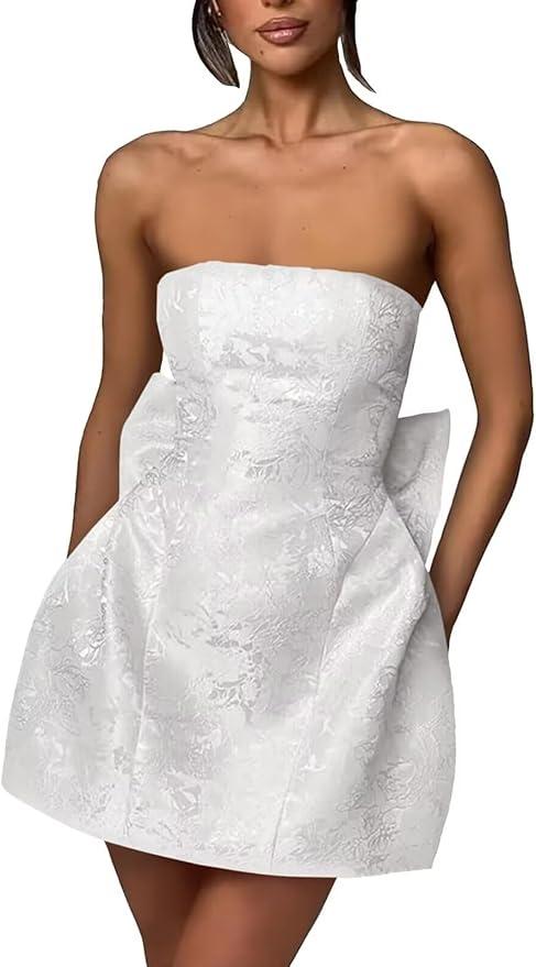 Ftupza Embroidery Satin Homecoming Dresses Short Cocktail Dresses with Bow Strapless DAMA Dresses for Quinceanera, Size Medium