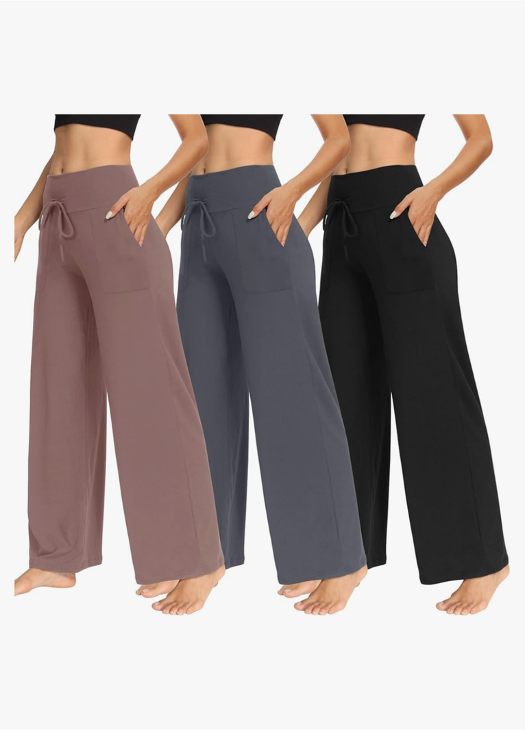 TNNZEET 3 Pack Women's Wide Leg Pants with Pockets - Casual Loose Yoga Trouser Pants Sweatpants Palazzo Lounge Pajama Pants, Size M