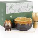 Pottery Matcha Set - Japanese Handcrafted Matcha Tea Bowl Mineral Glaze Bowl with Spout, Bamboo Whisk, Scoop & Chasen Holder | 4pc Tea Ceremony Kit for Matcha Lovers (Coffee Sand)