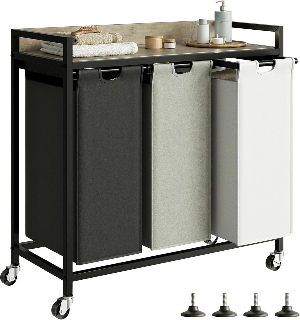 Herture Laundry Hampers with Shelf, Laundry Basket 3 Section, Laundry Sorter with Pull-Out Removable Large 3 Color Bags and Movable Wheels, Metal Frame, 3 x 15.87 Gallons (60L), Greige PF04XLZ, 3 Bags-180 L