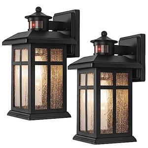 Motion Sensor Outdoor Wall Lights 2 Packs- Updated Dusk to Dawn Outdoor Lighting, Exterior Light Fixtures with E26 Sockets & Tempered Glass, Wall Mounted Black Waterproof Outdoor Lights for House