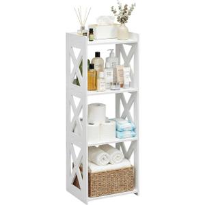 Small Bathroom Storage Corner Shelf, Waterproof PVC Narrow Floor Stand, Slim Gap Filler Organizer for Toilet Side, Laundry Room, Shower, Kitchen Spice Rack, White Restroom Holder (4-Tier)