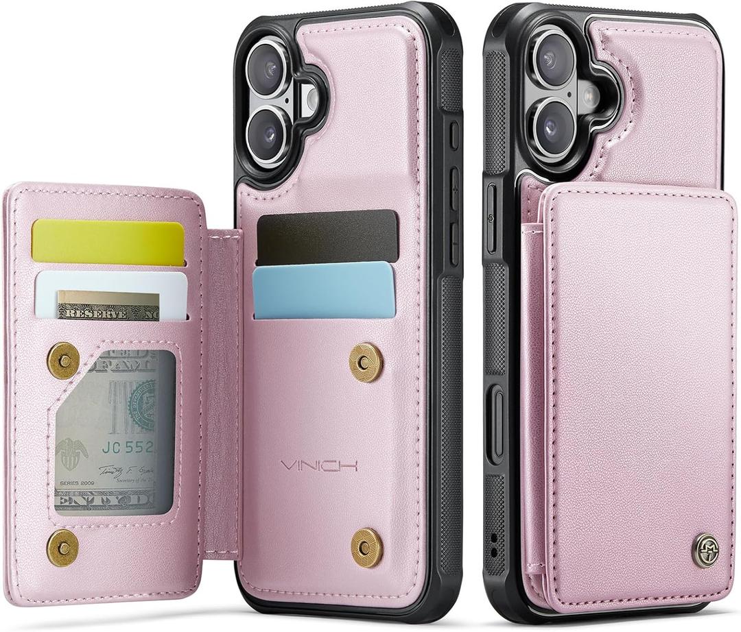 Vinich for iPhone 16 6.1" Wallet Case with Card Holder, RFID Blocking Credit Slots Kickstand Shockproof Phone Cover for Women Men, Rose Gold