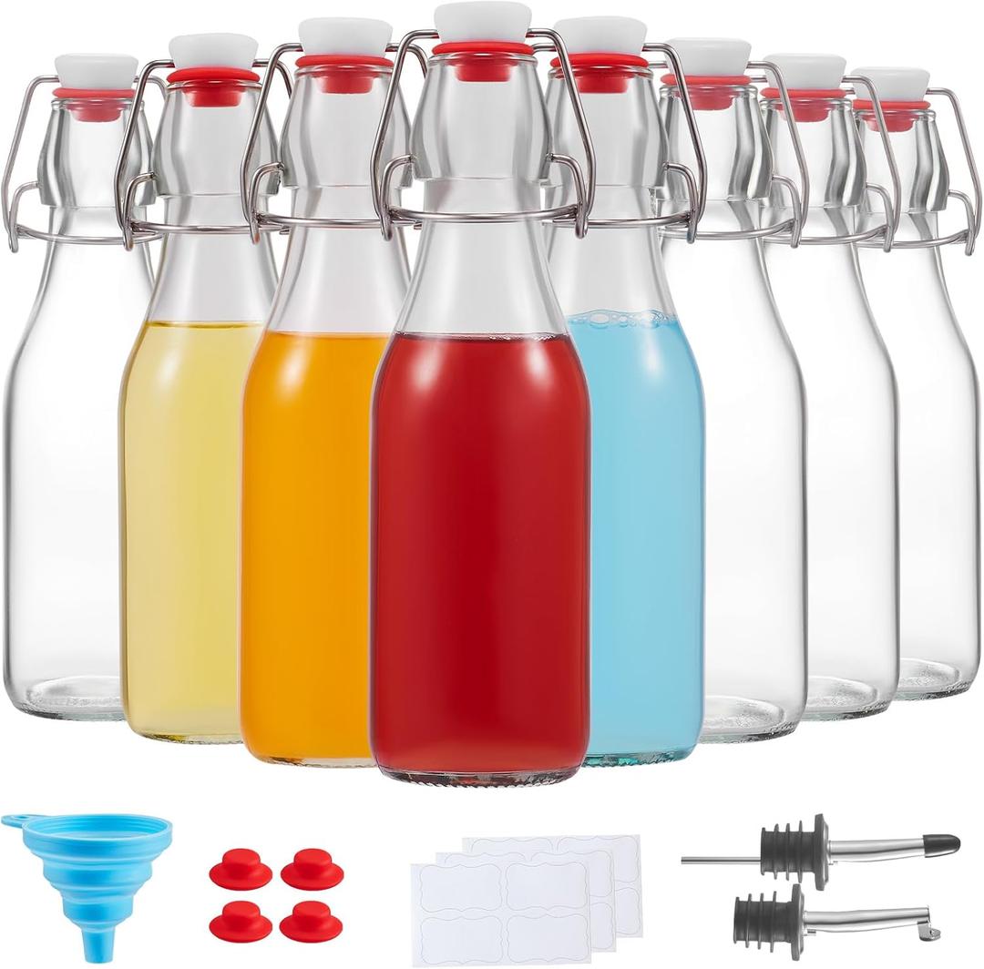 8 Set, 8 OZ Swing Top Glass Bottles - Vanilla Extract Bottles Flip Top Beer Brewing Bottles with Stopper for Syrup Bottle,Kombucha,Mead Kefir,Extract,Juice,Tea,Wine - Airtight Cap Lids