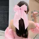Pink Satin Oversized Hair Bows with Long Tails - Metal Barrettes, Silky Ribbon Aesthetic Hair Accessories for Women and Girls