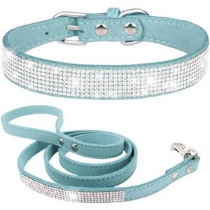 Female Dog Collar and Leash Set for Medium Dogs, Pretty Rhinestone Bling Dog Collar Diamond Crystal Glitter Jewel Girl Dog Collars for Small Medium Pet Dogs, Light Blue M