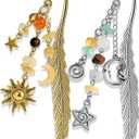 Buleens 2 Pack Bookmarks for Women Reading - Book Marks for Readers Book Lovers, Vintage Sliver Gold Celestial Star Moon Sun Personalized Metal Bookmark with Pendants, Book Accessories Reading Gifts